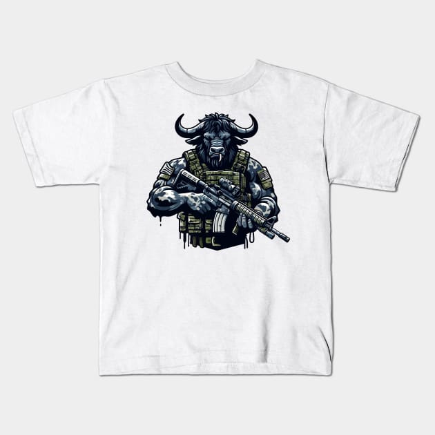 Tactical Minotaur Power Tee: Where Mythical Might Meets Modern Strength Kids T-Shirt by Rawlifegraphic